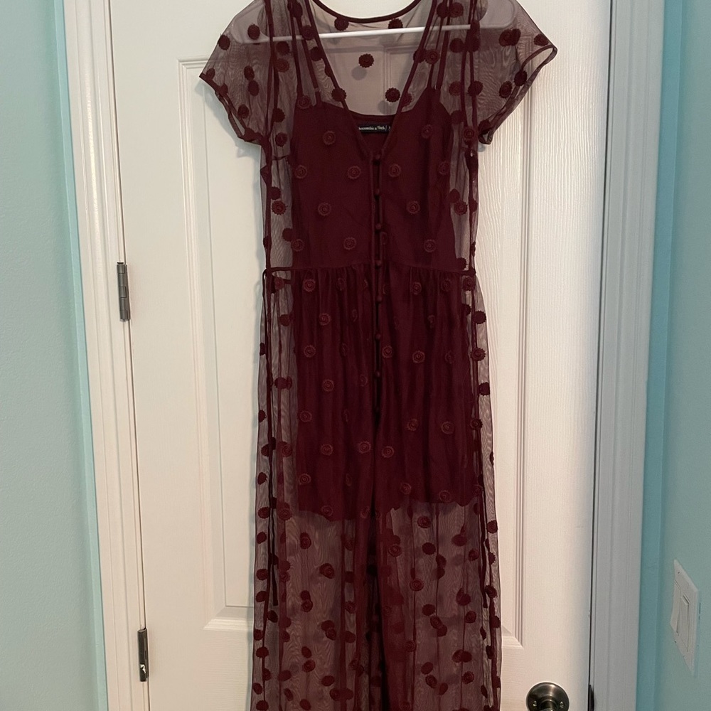 long burgundy half sheer dress from abercrombie & fitch